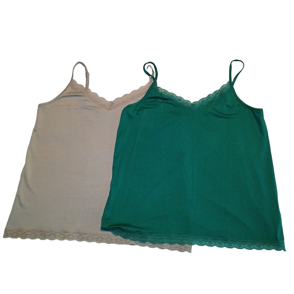 2 Kettlewell Camisole Tops Women’s Size Medium Lace Trim Khaki & Dark Green